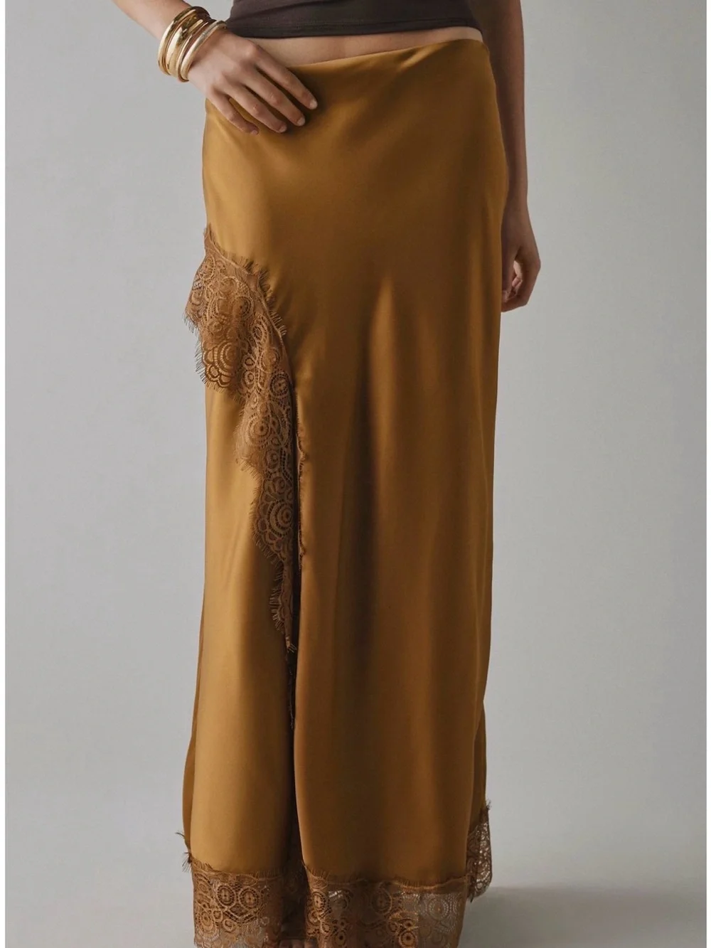 Kimchi Blue Brown Lace-Trim Maxi Skirt
